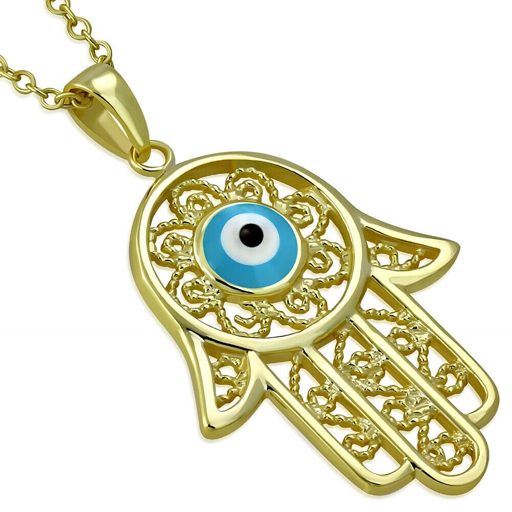 

925 Sterling Silver Filigree Womens Blue Evil Eye Hamsa Pendant Necklace