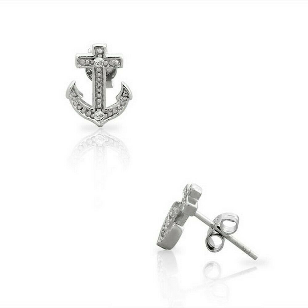 

925 Sterling Silver Classic Small Anchor Womens Girls Stud Earrings