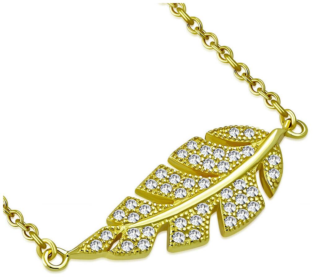 

925 Sterling Silver White CZ Sideways Feather Leaf Pendant Necklace