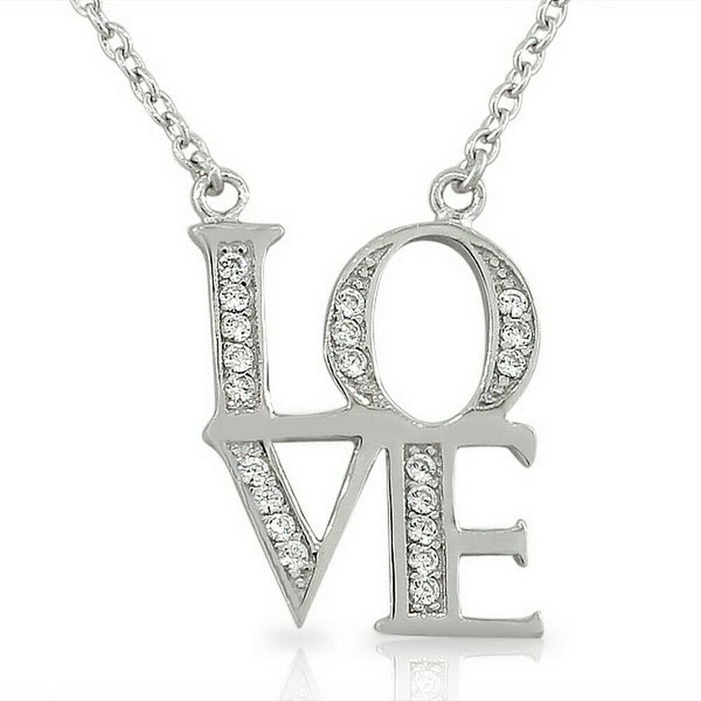 

925 Sterling Silver White Crystals CZ Womens Love Heart Pendant Necklace