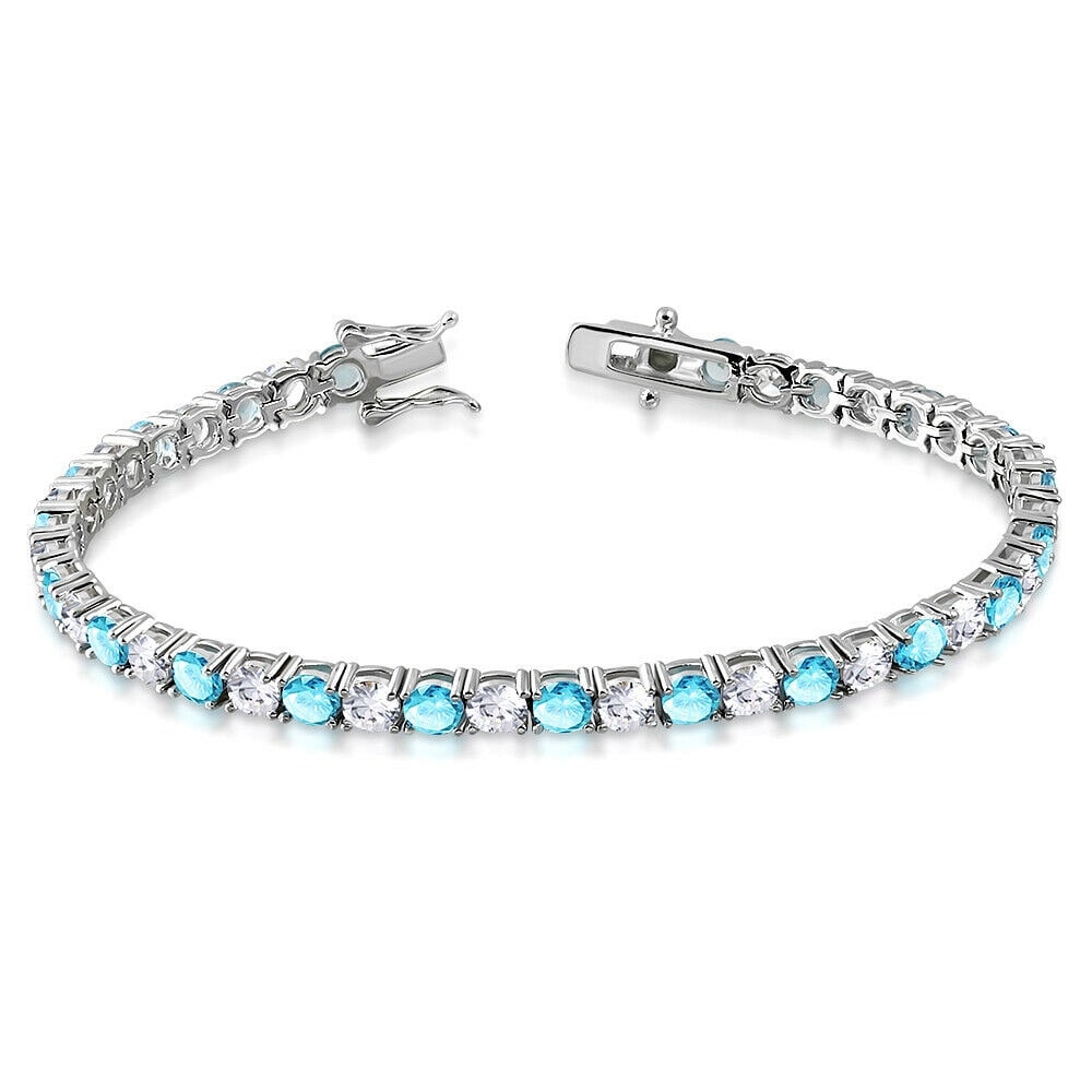 

925 Sterling Silver White Clear Blue Aquamarine-Tone CZ Tennis Bracelet