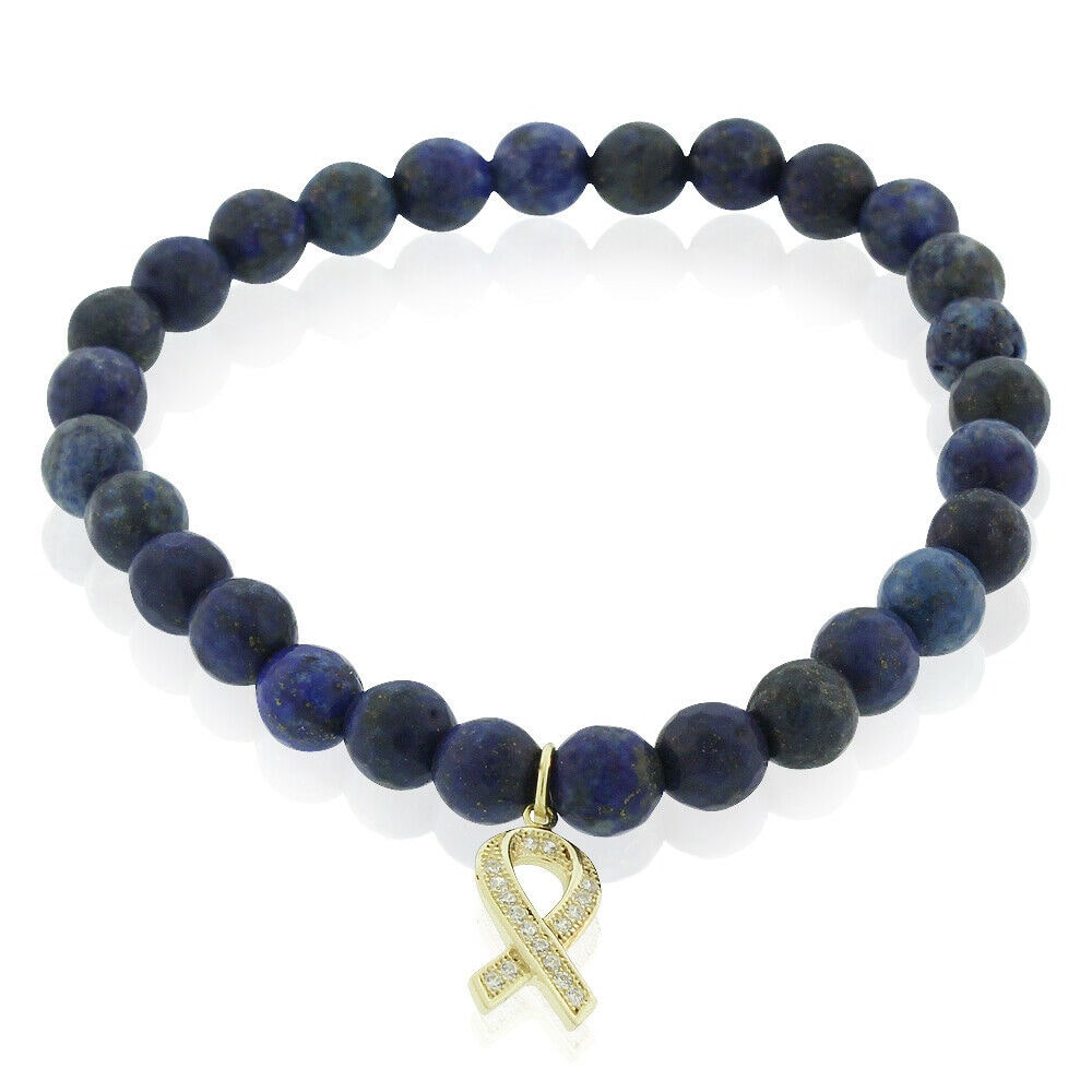 

925 Sterling Silver Gold-Tone CZ Breast Cancer Awareness Ribbon Stretch Bracelet