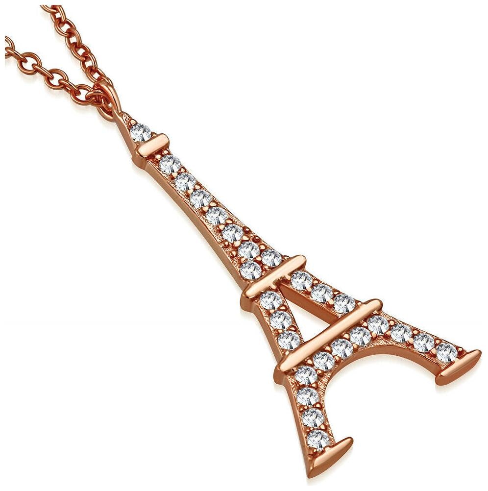 

925 Sterling Rose Gold-Tone French France Eiffel Tower CZ Pendant Necklace