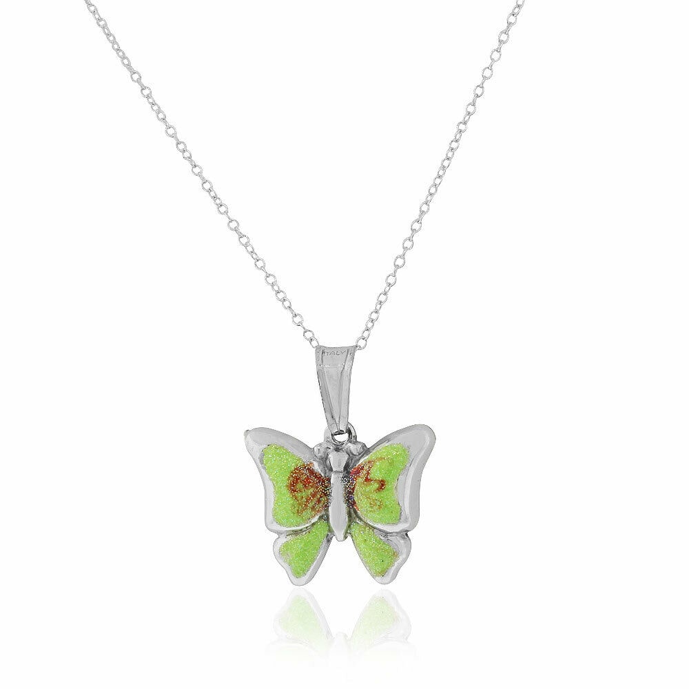 

925 Sterling Silver 3D Blue Enamel Glitter Butterfly Charm Pendant Necklace