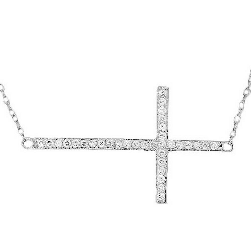 

925 Sterling Silver Sideways Cross White CZ Pendant Necklace