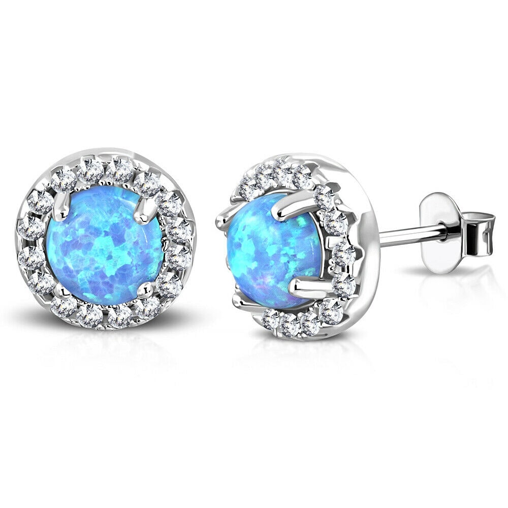 

925 Sterling Silver CZ Simulated Blue Opal Circle Round Stud Earrings 0 30