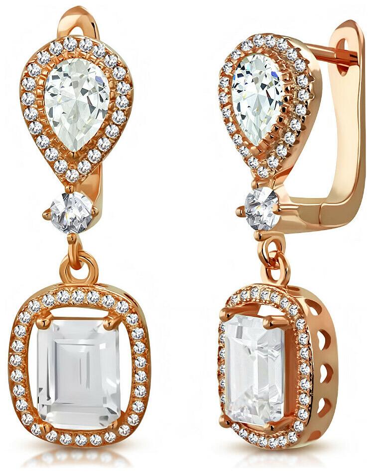 

925 Sterling Silver Rose Gold-Tone Rectangular Teardrop Clear CZ Dangle Earrings