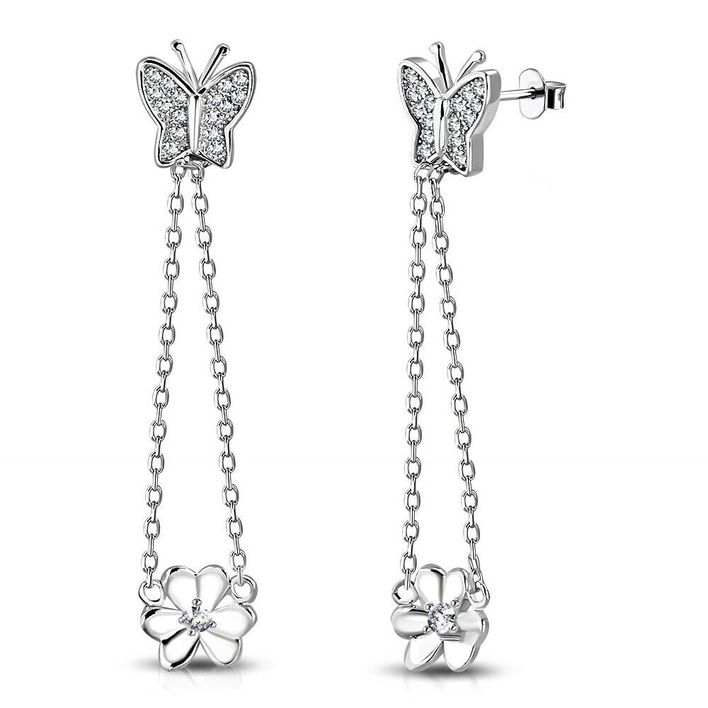 

925 Sterling Silver Gold-Tone CZ Butterfly Flower Dangle Drop Earrings 1 70