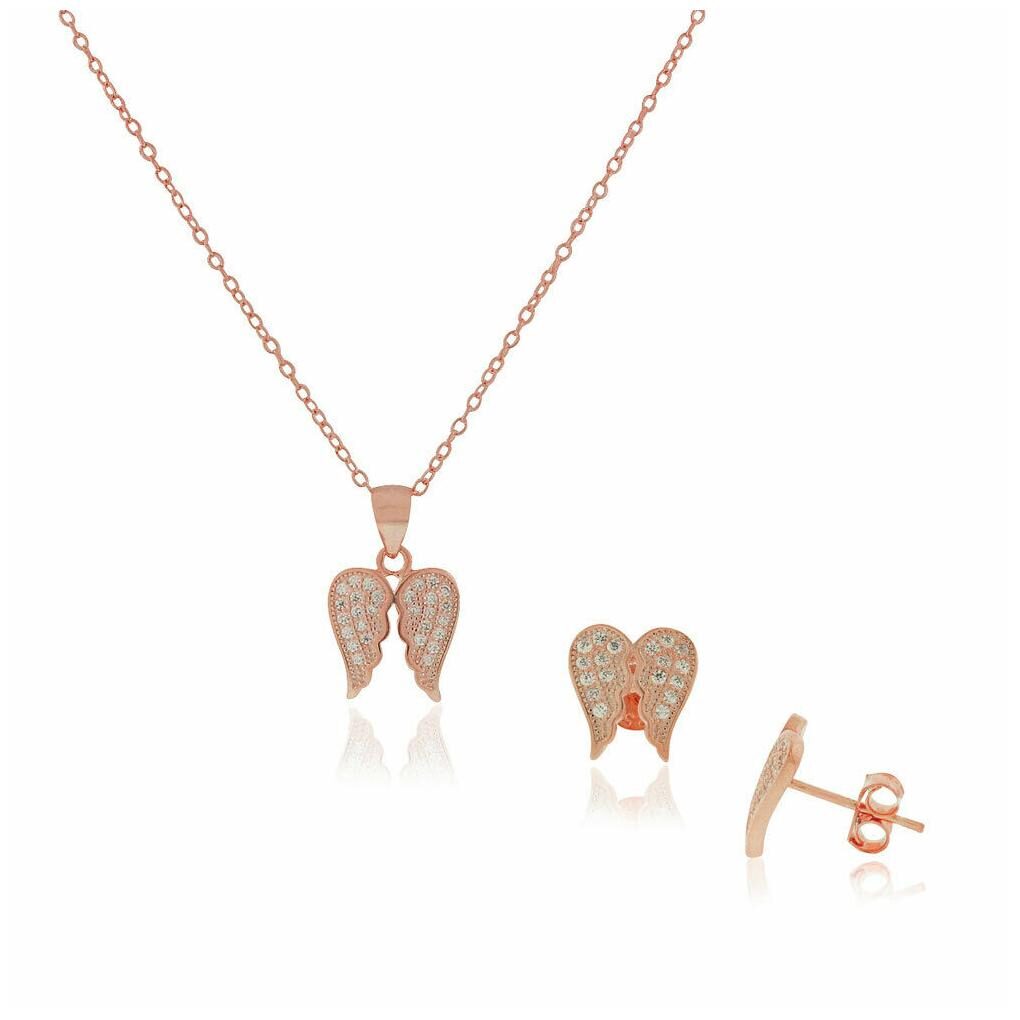 

925 Sterling Silver Rose Gold-Tone Angel Wings Pendant Stud Earrings Set 18