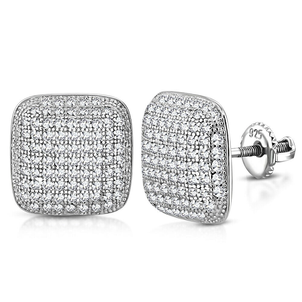 

925 Sterling Silver Cushion Square White Clear CZ Screw-Back Stud Earrings