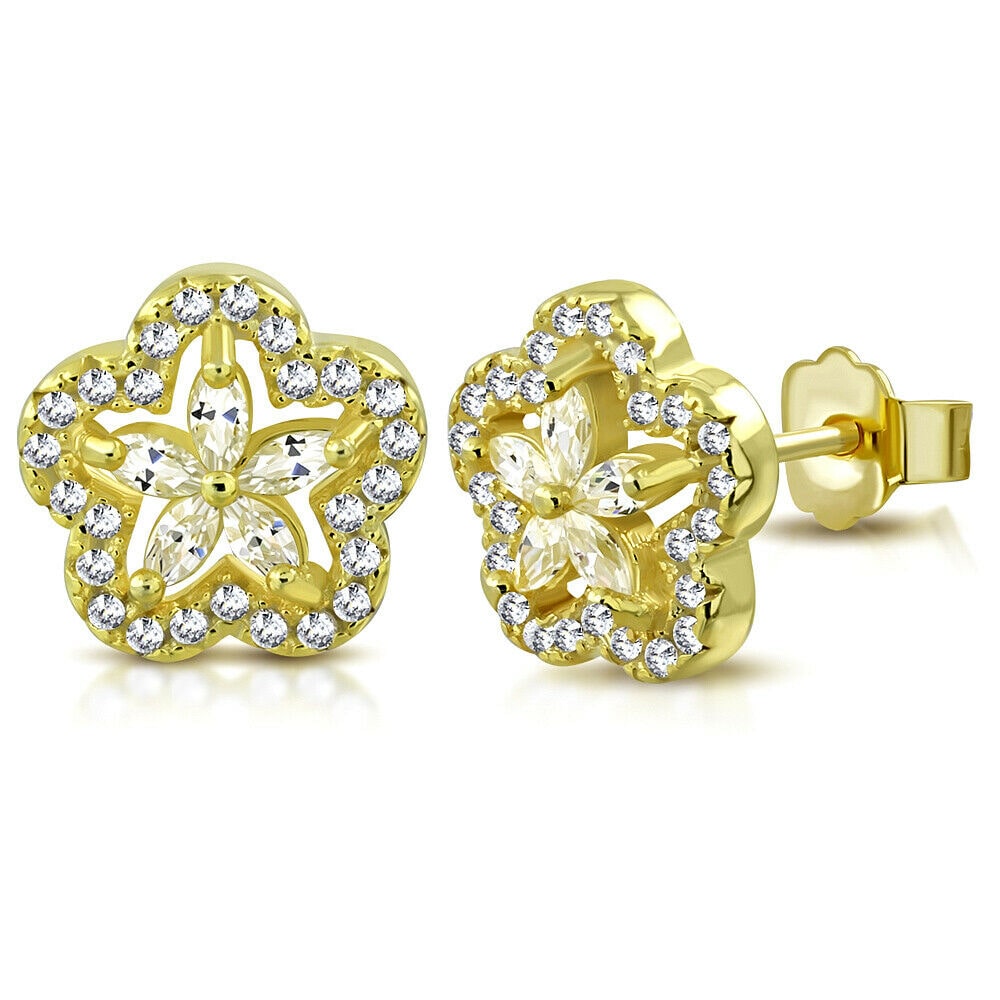 

925 Sterling Silver Yellow Gold-Tone CZ Flower Floral Stud Earrings 0 40