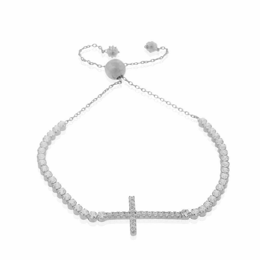 

925 Sterling Silver White Clear CZ Religious Cross Adjustable Chain Bracelet