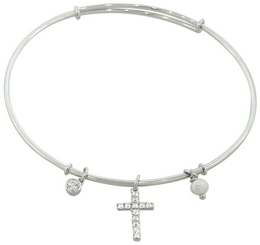 

925 Sterling Silver Latin Cross Religious Pearl Crystals CZ Bangle Bracelet