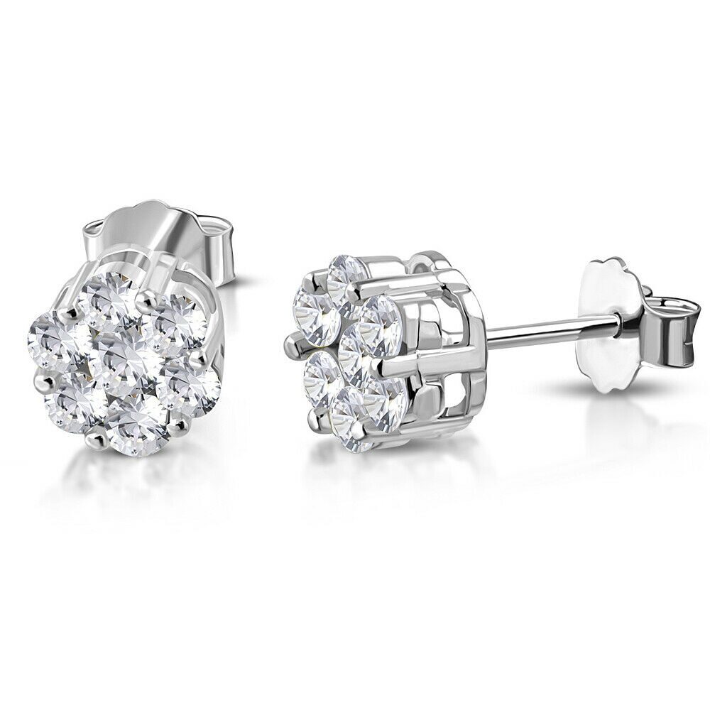 

925 Sterling Silver Flower Floral White Clear CZ Small Stud Earrings 0 25