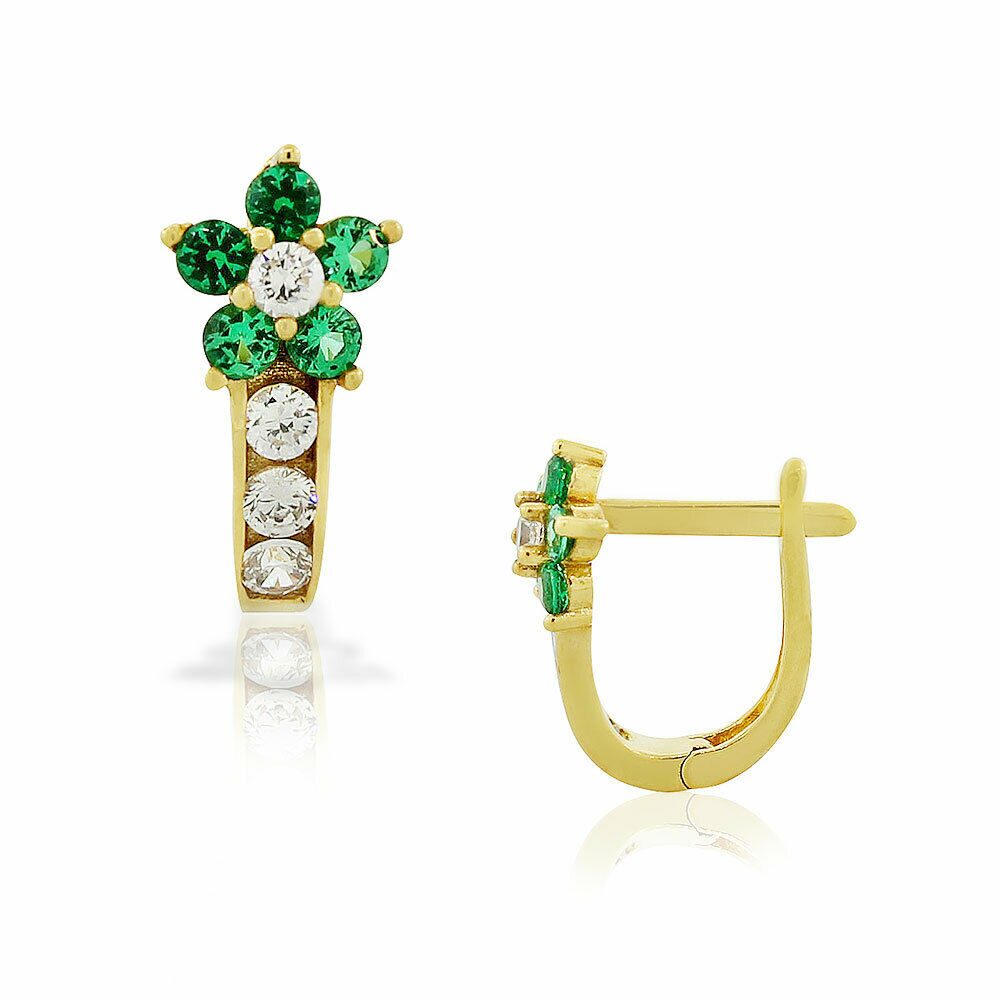 

925 Sterling Silver Gold-Tone White Emerald-Tone CZ Flower Huggie Earrings