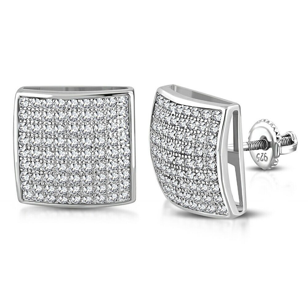 

925 Sterling Silver Cushion Square White Clear CZ Screw-Back Stud Earrings