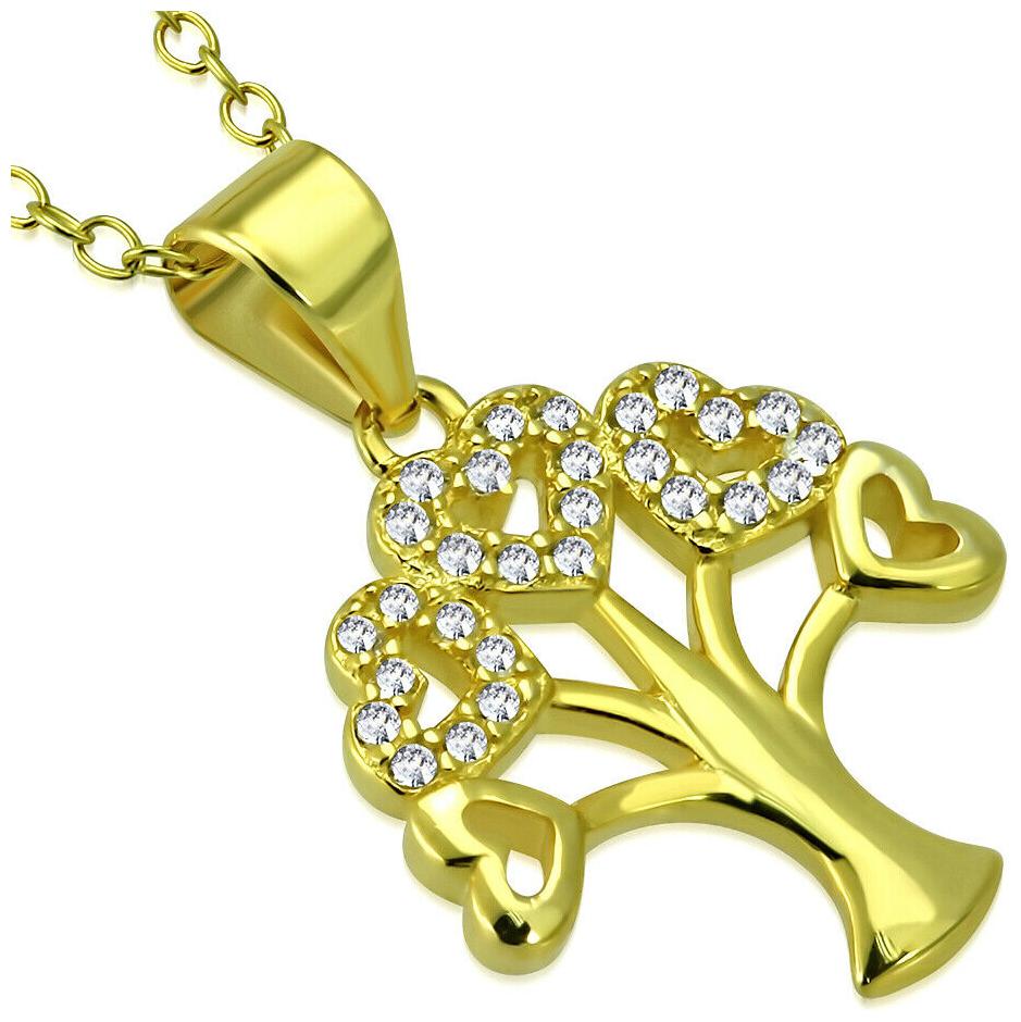 

925 Sterling Silver Yellow Gold-Tone CZ Heart Tree Life Pendant Necklace 18