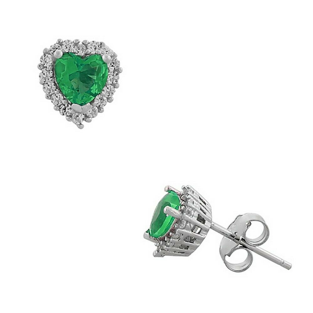 

925 Sterling Silver Love Heart Emerald Green White Crystals CZ Stud Earrings