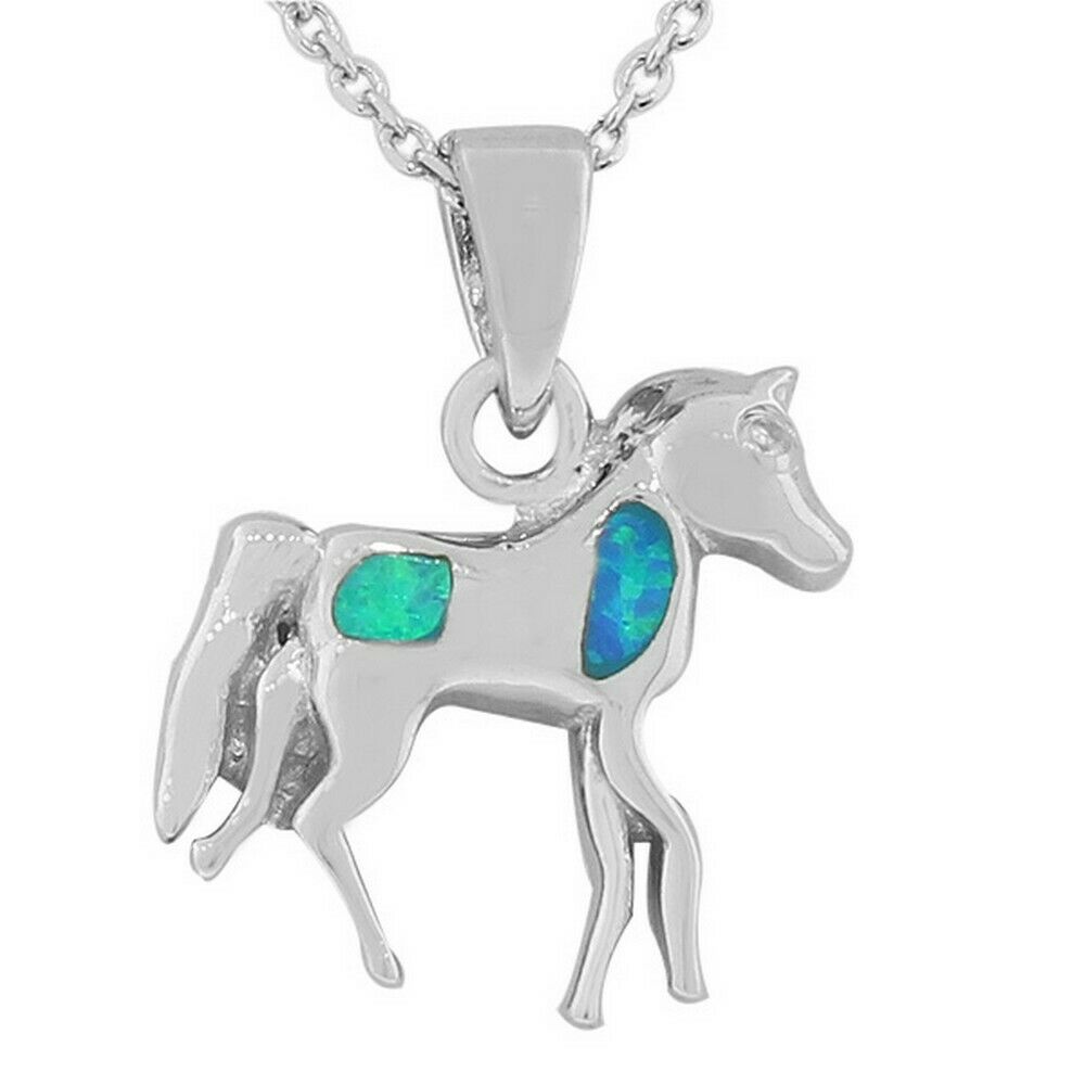 

925 Sterling Silver Opal Pony Horse Womens Pendant Necklace