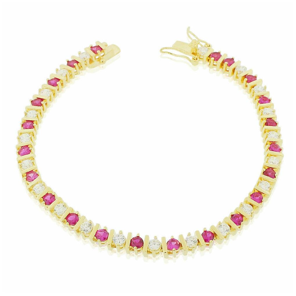 

925 Sterling Silver Gold-Tone Clear Red Ruby-Tone Round CZ Tennis Bracelet