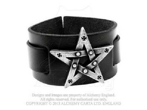 

A85 Alchemy Gothic Of England BLACK LEATHER AND PEWTER PENTAGRAM WRIST STRAP