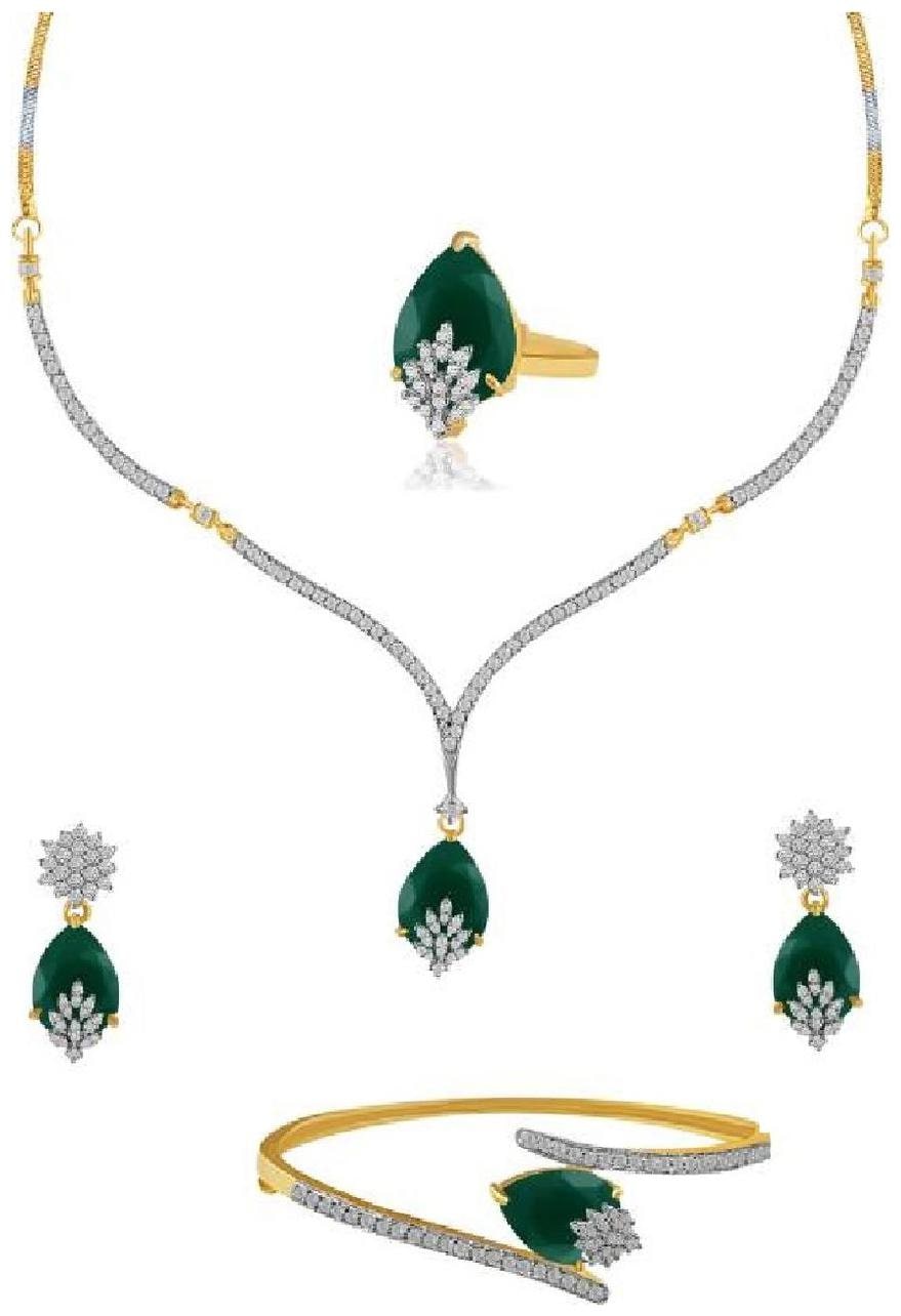 

Aabhu American Diamond Ruby Studded Combo of Pendant Necklace Set With Earrings Bracelet And Ring Jewellery Combo For Women And Girl