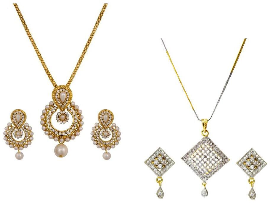 

Aabhu Gold Plated American Diamond Combo of 2 Modern Pendant Set Necklace With Earrings Jewellery For Women And Girls