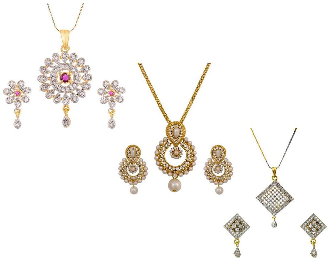 

Aabhu Gold Plated American Diamond Combo of 3 Regular Pendant Set Necklace With Earrings Jewellery For Women And Girls