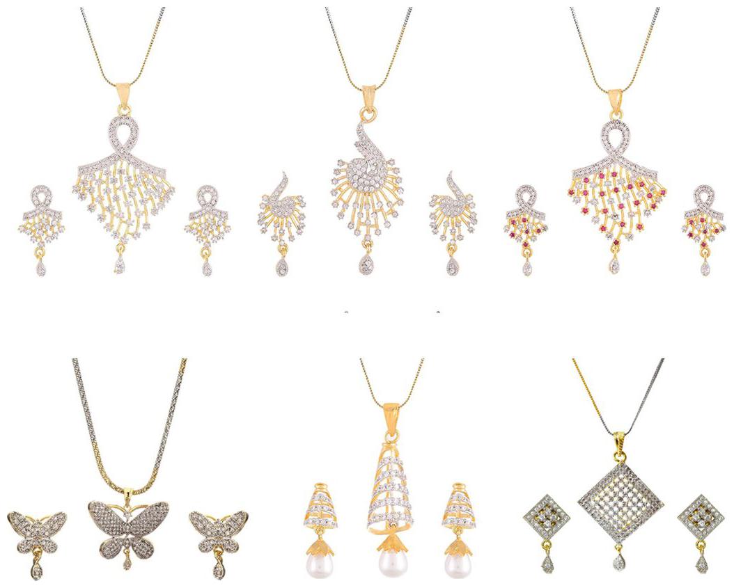 

Aabhu Gold Plated American Diamond Combo of 6 Popular Pendant Set Necklace With Earrings Jewellery For Women And Girls