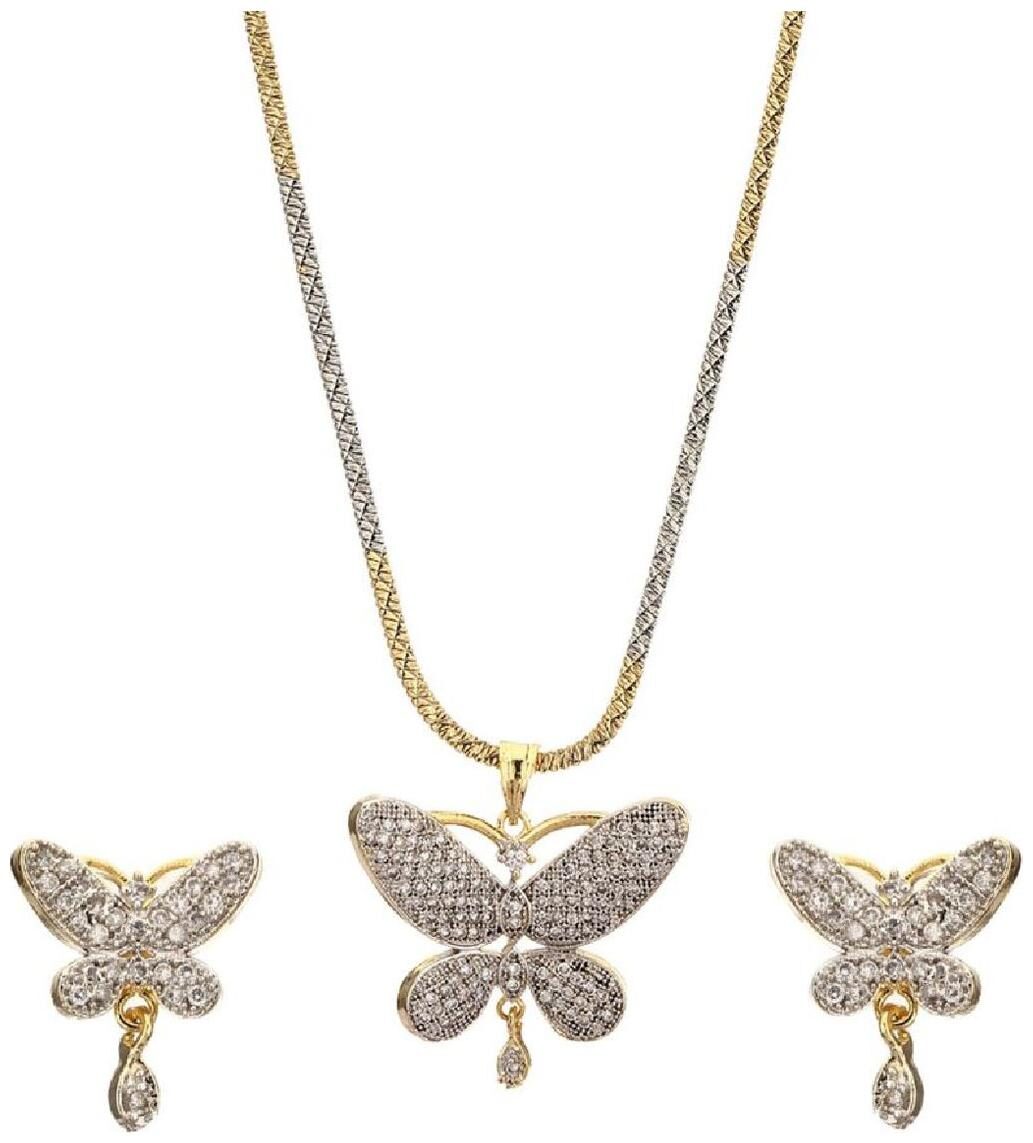 

Aabhu Gold Plated American Diamond Trendy Pendant Set Necklace With Earrings Jewellery For Women And Girls