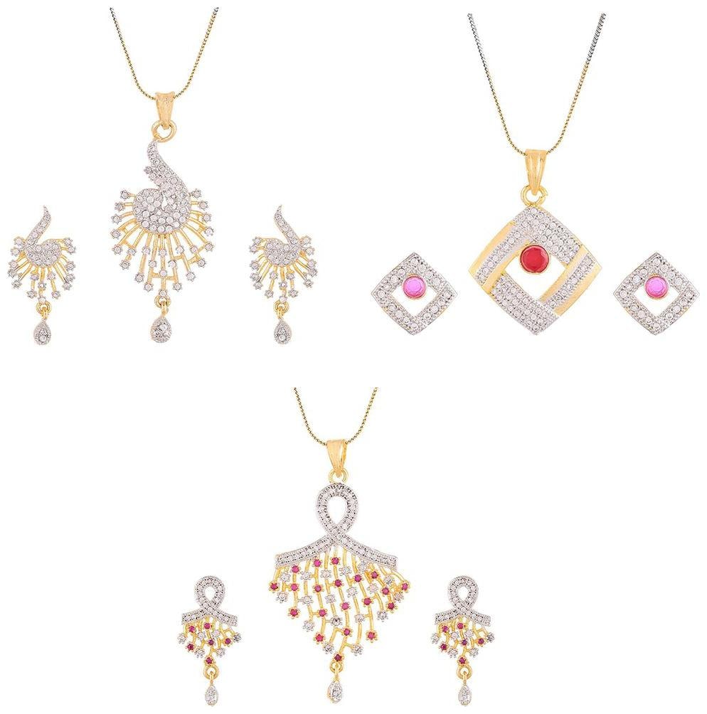 

Aabhu Gold Plated American Diamond Combo of 3 Conventional Pendant Set Necklace With Earrings Jewellery For Women And Girls