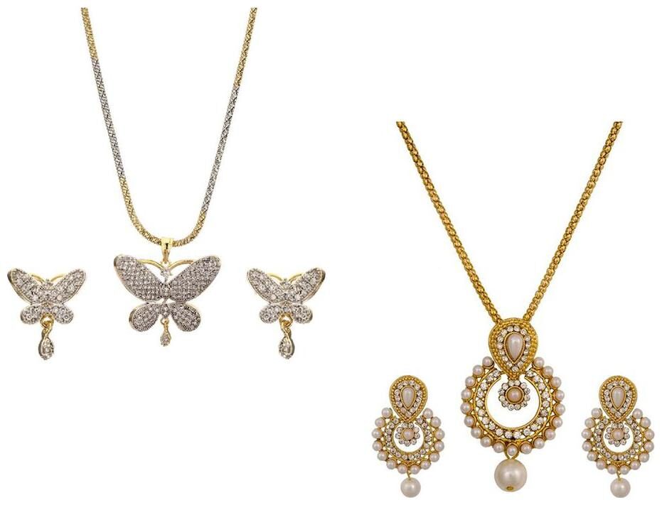 

Aabhu Gold Plated American Diamond Combo of 2 Modish Pendant Set Necklace With Earrings Jewellery For Women And Girls