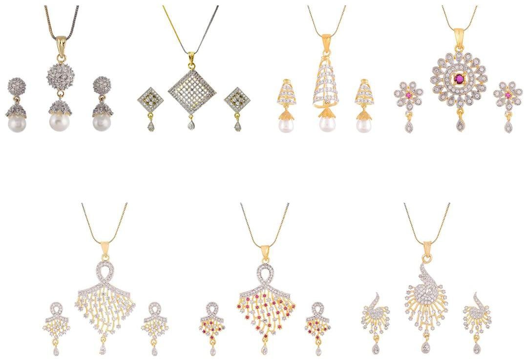 

Aabhu Gold Plated American Diamond Combo of 7 Glamorous Pendant Set Necklace With Earrings Jewellery For Women And Girls
