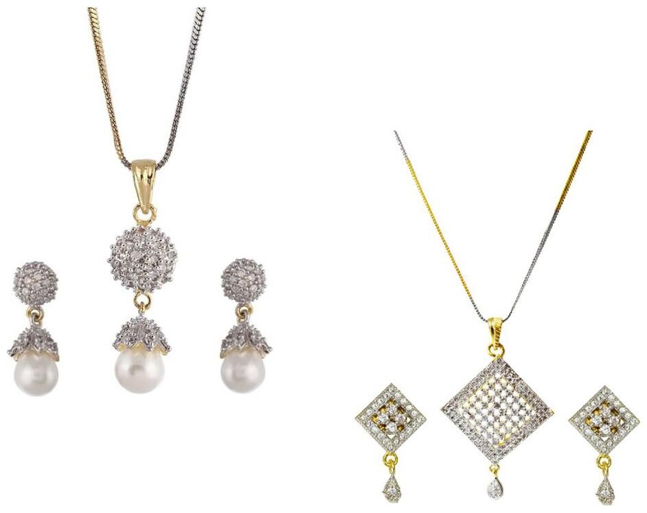 

Aabhu Gold Plated American Diamond Combo of 2 Stylish Pendant Set Necklace With Earrings Jewellery For Women And Girls