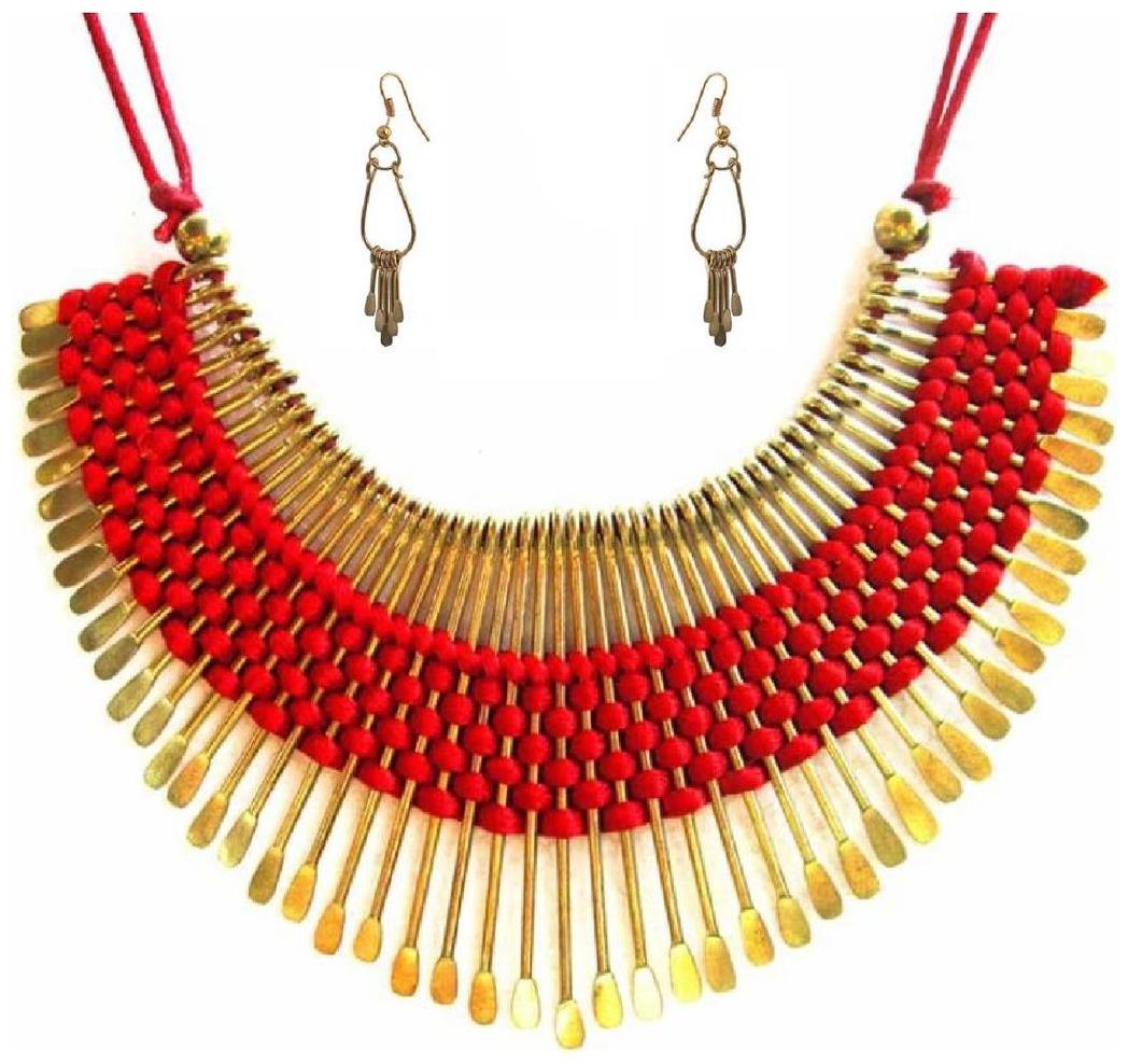 

Aabhu Gold Plated Handmade Funky Thread Choker Necklace Tribal Jewellery Set With Earring For Women And Girls