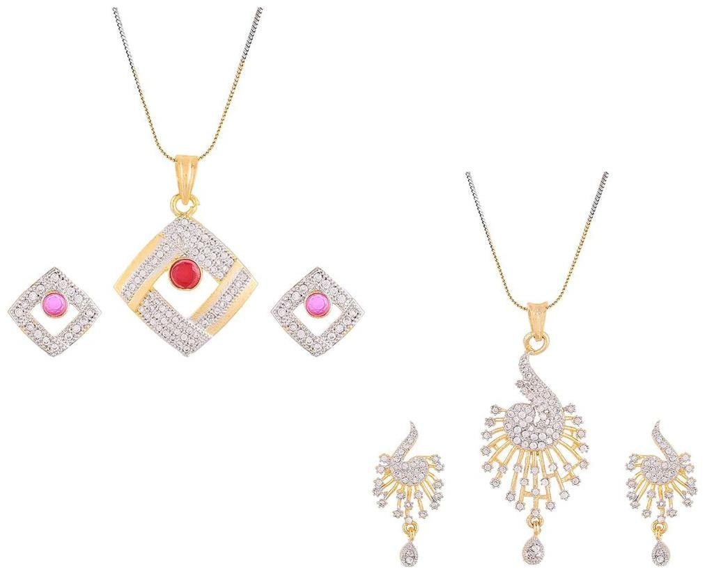 

Aabhu Gold Plated American Diamond Combo of 2 Fashionable Pendant Set Necklace With Earrings Jewellery For Women And Girls
