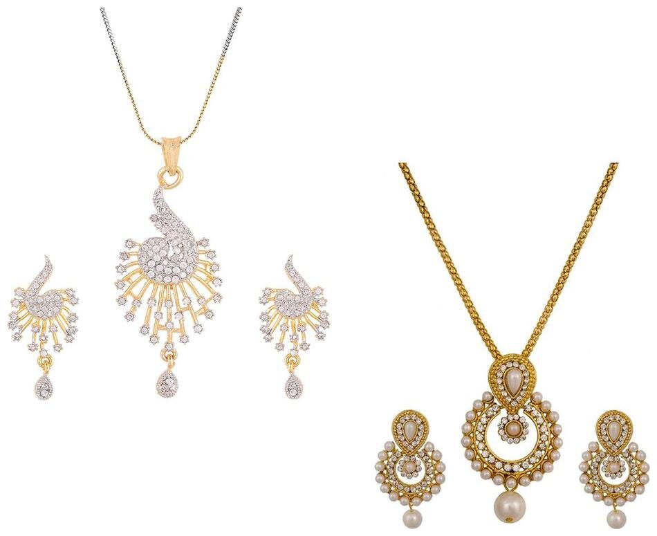 

Aabhu Gold Plated American Diamond Combo of 2 Fashionable Pendant Set Necklace With Earrings Jewellery For Women And Girls
