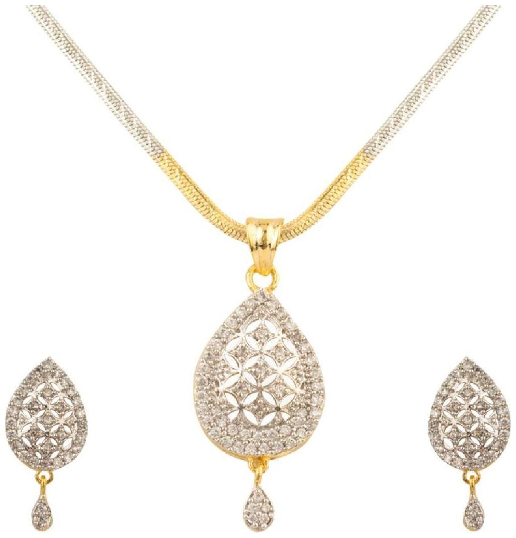 

Aabhu Gold Plated American Diamond Trendy Pendant Set Necklace With Earrings Jewellery For Women And Girls