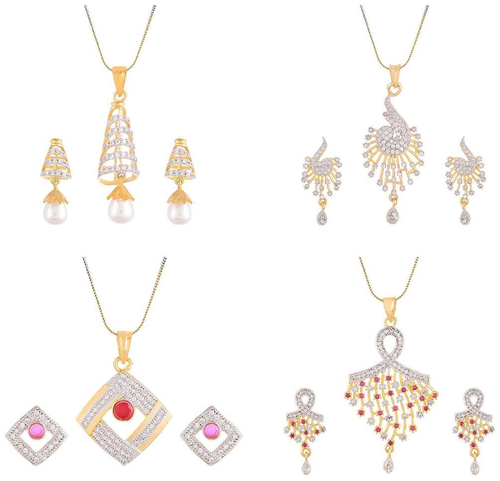 

Aabhu Gold Plated American Diamond Combo of 4 Fashionable Pendant Set Necklace With Earrings Jewellery For Women And Girls