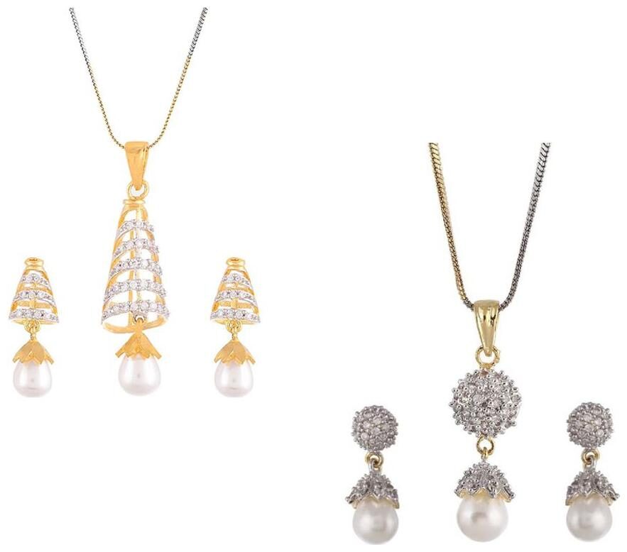 

Aabhu Gold Plated American Diamond Combo of 2 Popular Pendant Set Necklace With Earrings Jewellery For Women And Girls