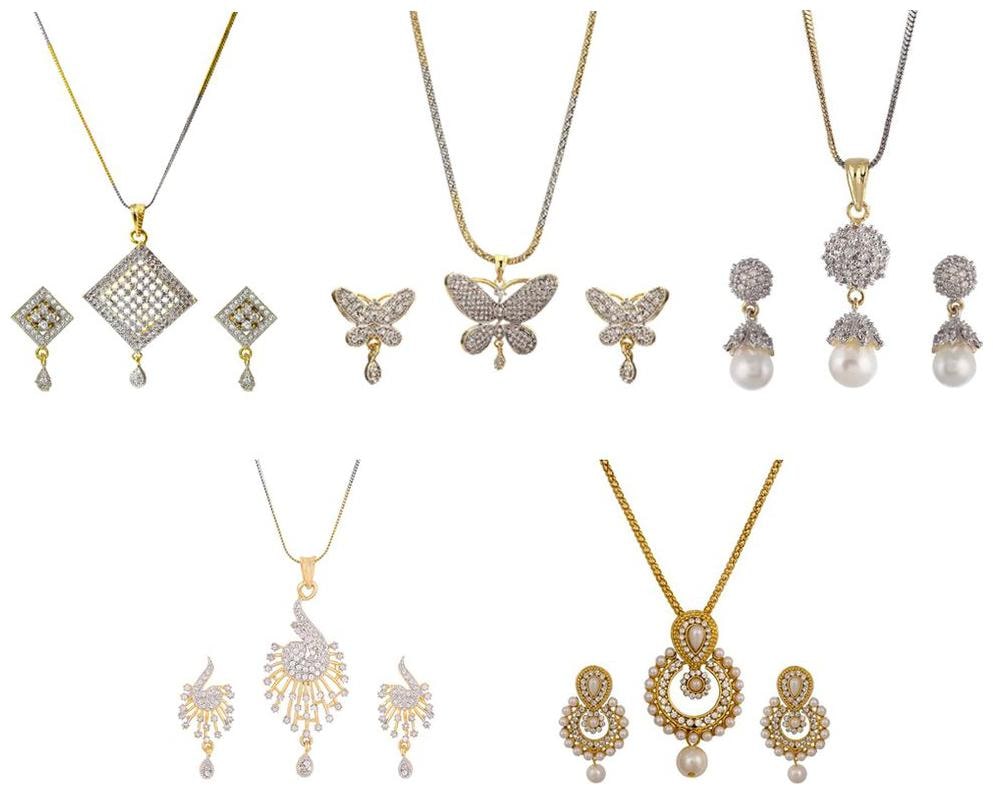 

Aabhu Gold Plated American Diamond Combo of 5 Modish Pendant Set Necklace With Earrings Jewellery For Women And Girls