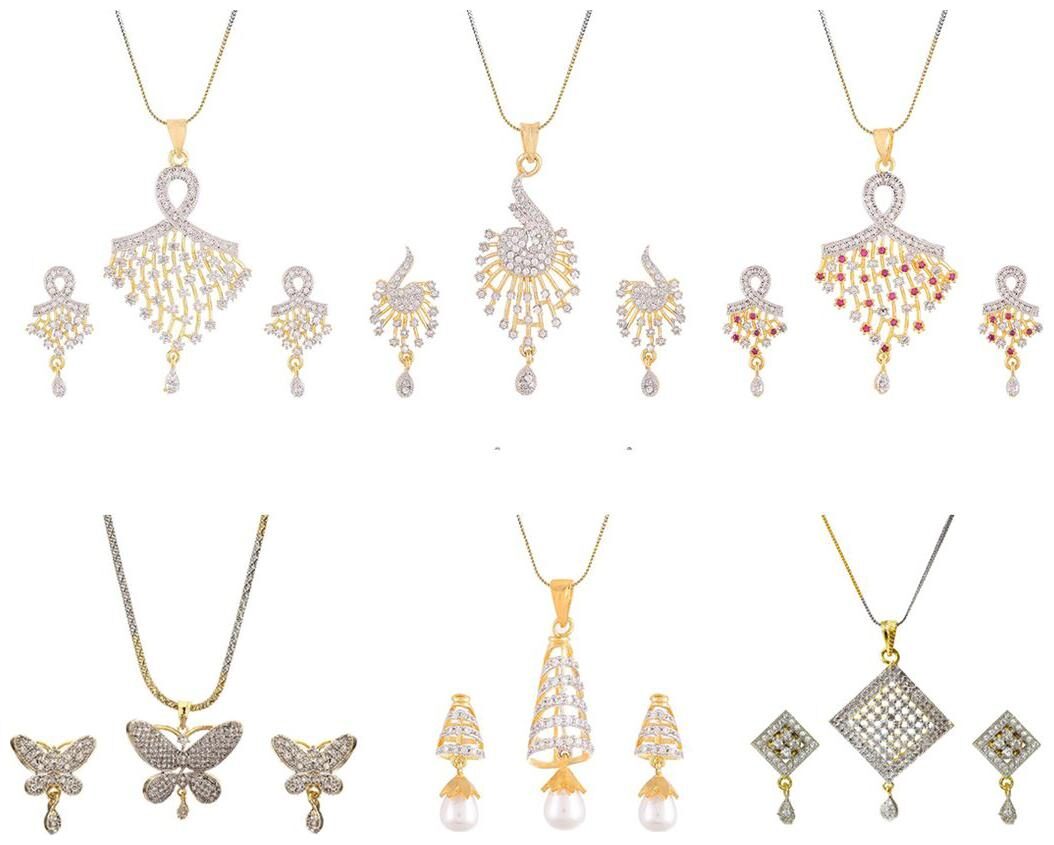 

Aabhu Gold Plated American Diamond Combo of 6 Popular Pendant Set Necklace With Earrings Jewellery For Women And Girls
