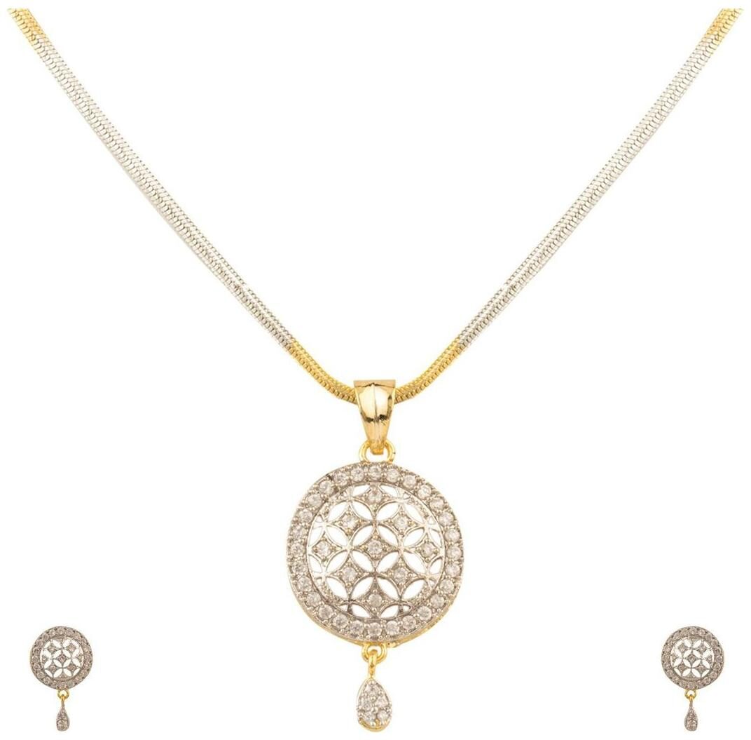 

Aabhu Gold Plated American Diamond Trendy Pendant Set Necklace With Earrings And Chain Jewellery For Women And Girls