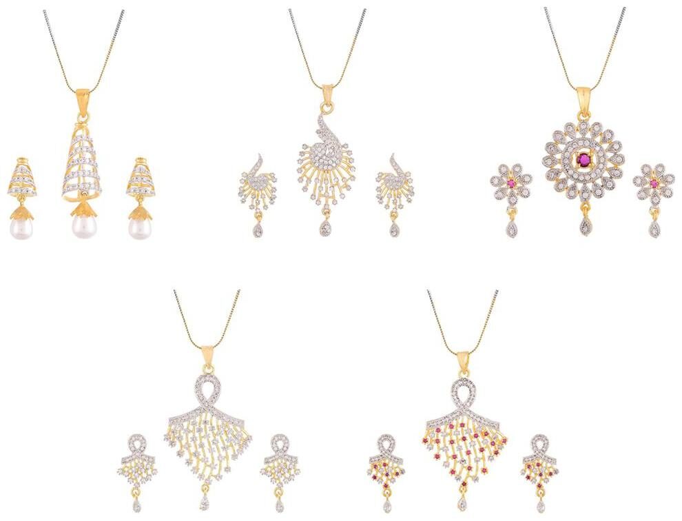 

Aabhu Gold Plated American Diamond Combo of 5 Glamorous Pendant Set Necklace With Earrings Jewellery For Women And Girls