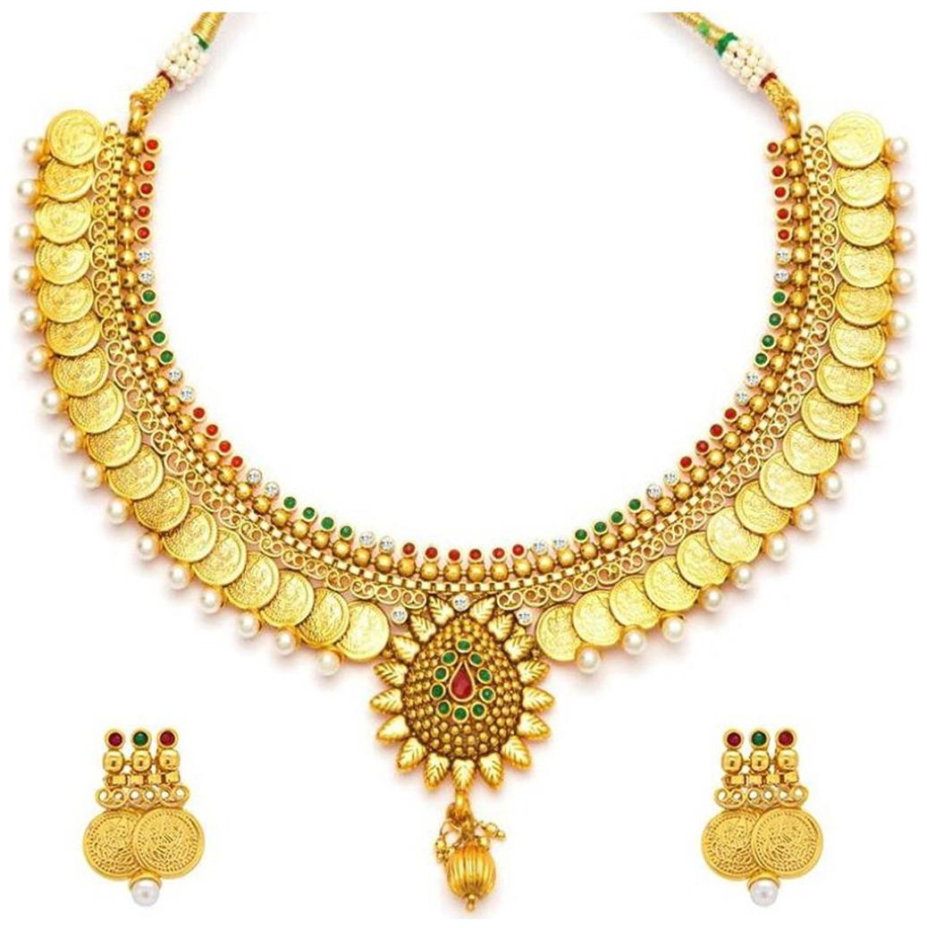 

Aabhu Traditional Gold Plated American Diamond Pearl Studded Temple Coin Ginni Necklace Jewellery Set with Earrings For Women And Girl