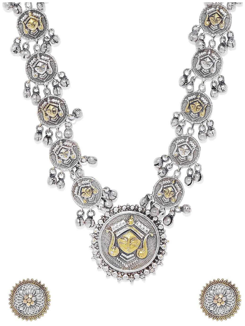 AccessHer German Silver Dual Tone Durga Deisgn Temple Silver Necklace Set for Women