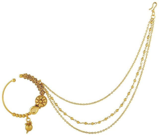 AccessHer gold plated antique, kundan nose ring/ nath with triple chains for women