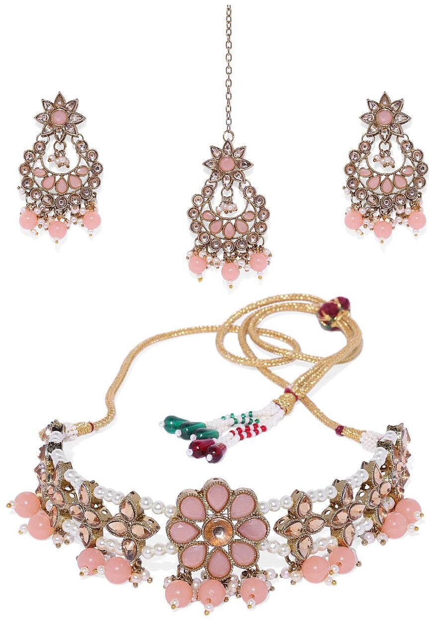 

Accessher Gold Toned Kundan And Ruby Beads Choker Set With Earrings And Maang Tika For Women