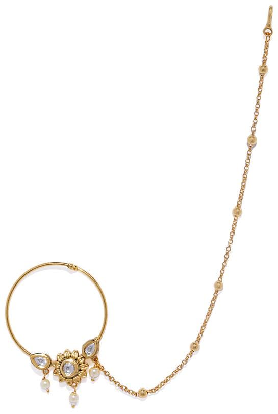 Accessher Kundan Nose Ring With Chain For Women