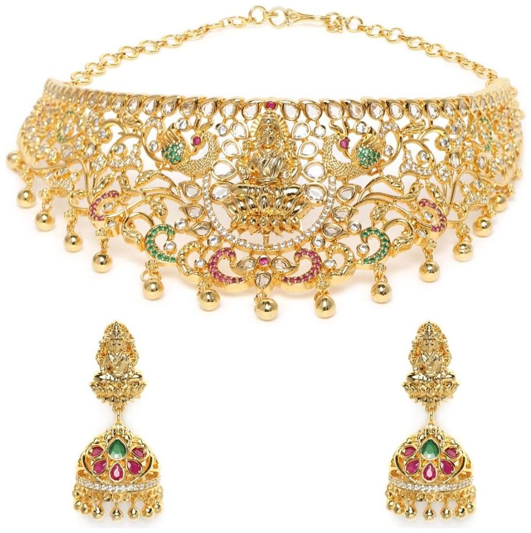 AccessHer Ruby Matte Gold Set Design Polki Beaded Handcrafted Jewellery Set For Women & Girls